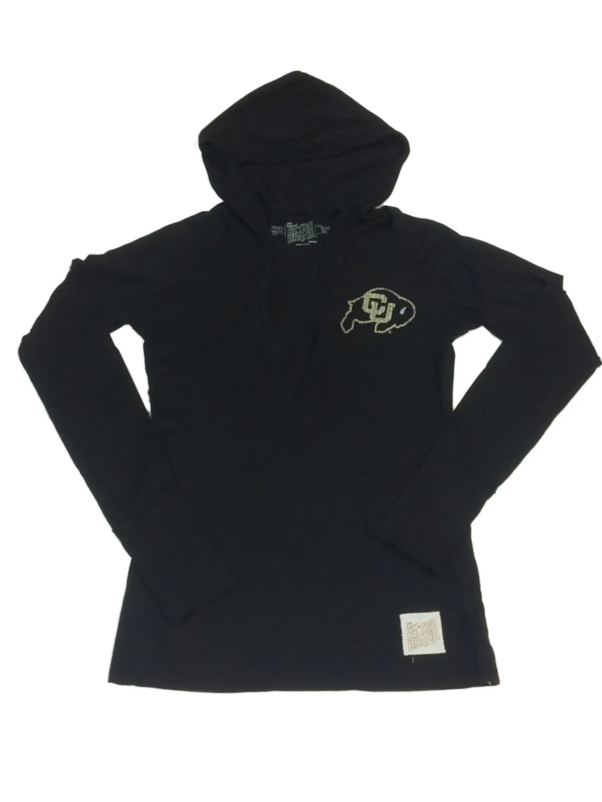 Colorado Buffaloes WOMENS Black Long Sleeve Deep V-Neck Hooded T-Shirt (M)