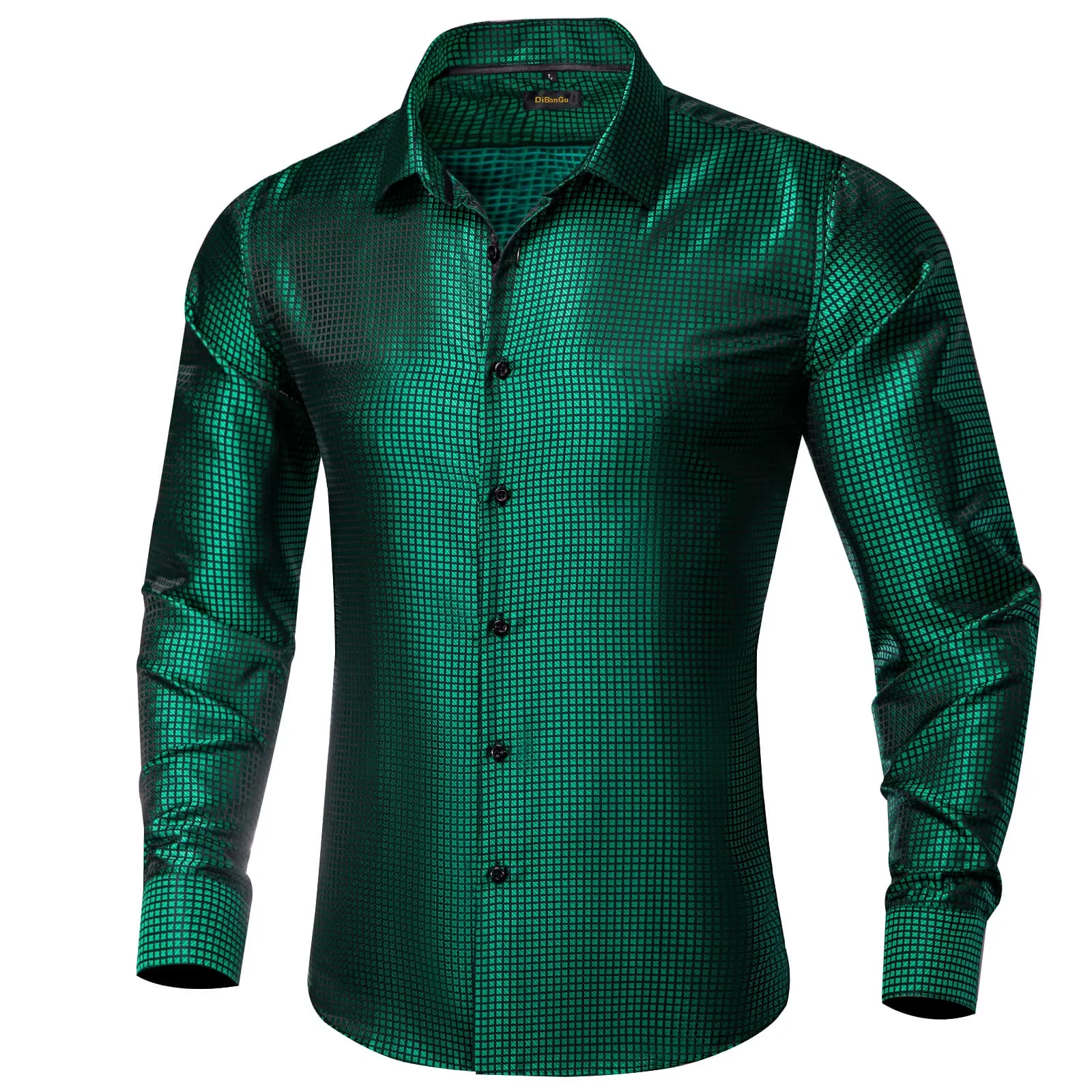 DiBanGu Collared Shirt MSU Green Plaid Silk Button Down Long Sleeve Mens Shirt Dress