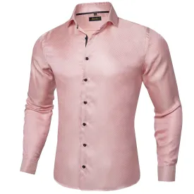 DiBanGu Dress Shirt Pink Solid Silk Men's Button Down Long Sleeve Shirt