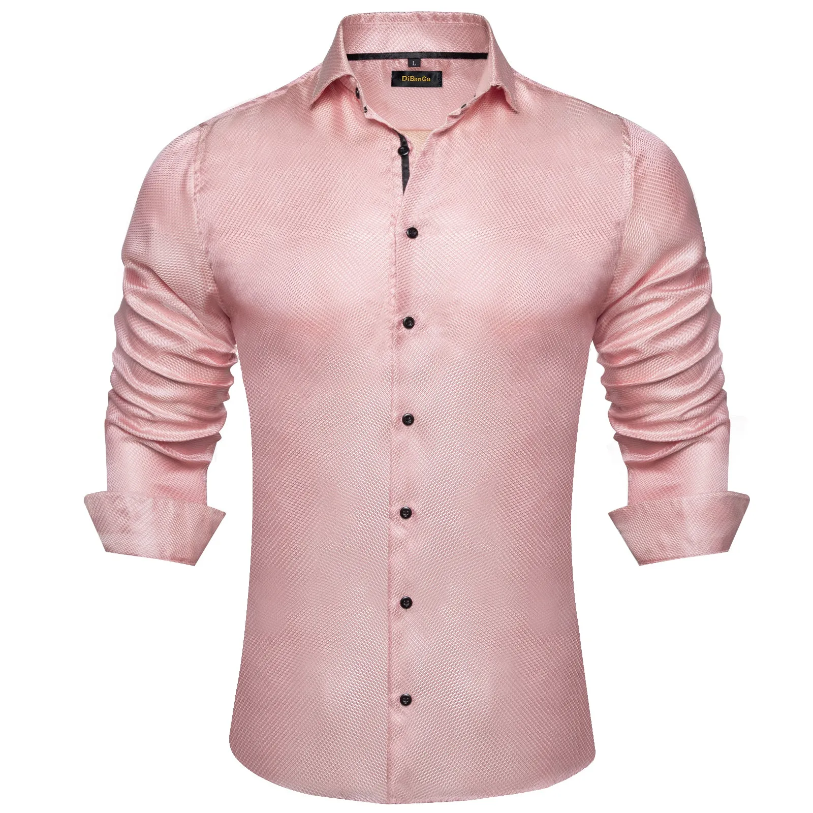 DiBanGu Dress Shirt Pink Solid Silk Men's Button Down Long Sleeve Shirt