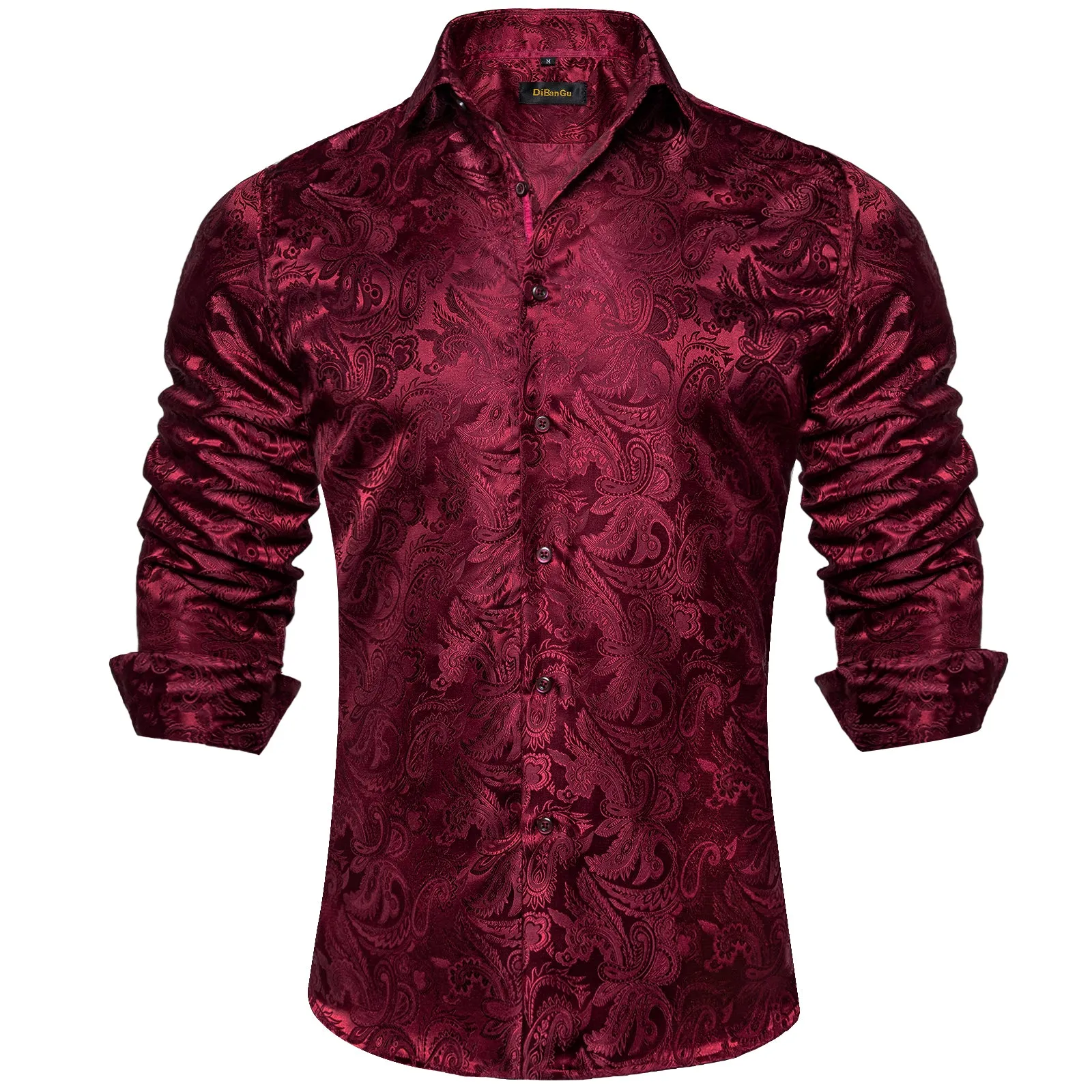 DiBanGu Men's Long Sleeve Shirt Burgundy Red Paisley Button Down Silk Shirt