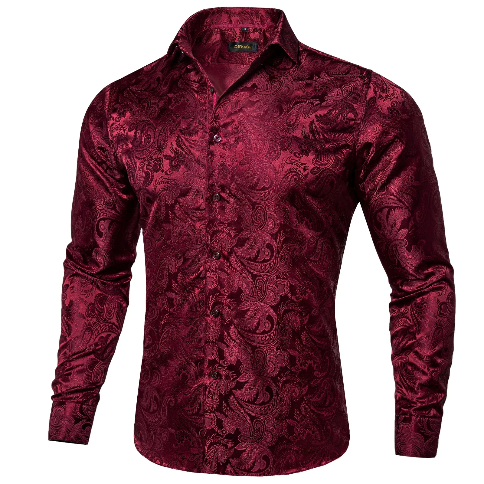 DiBanGu Men's Long Sleeve Shirt Burgundy Red Paisley Button Down Silk Shirt