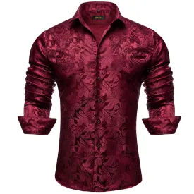 DiBanGu Men's Long Sleeve Shirt Burgundy Red Paisley Button Down Silk Shirt