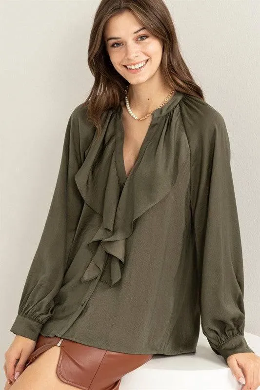 Front ruffle long sleeve blouse