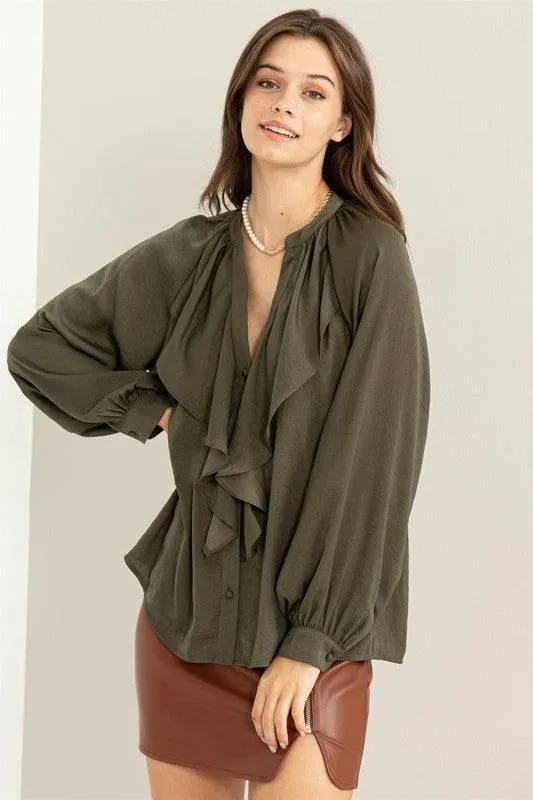 Front ruffle long sleeve blouse