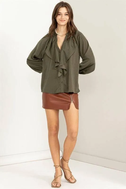 Front ruffle long sleeve blouse