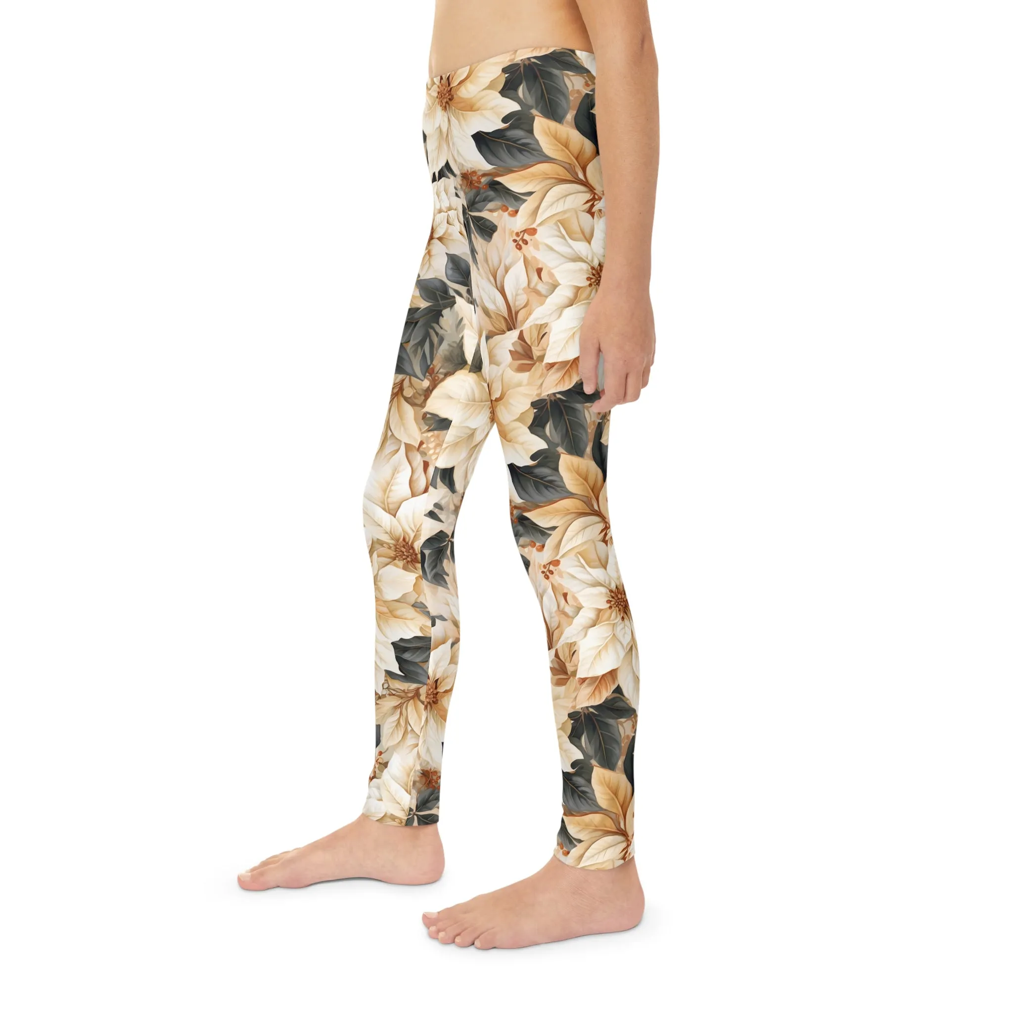 Full-Length Leggings Cream Poinsetta - Kids Leggings