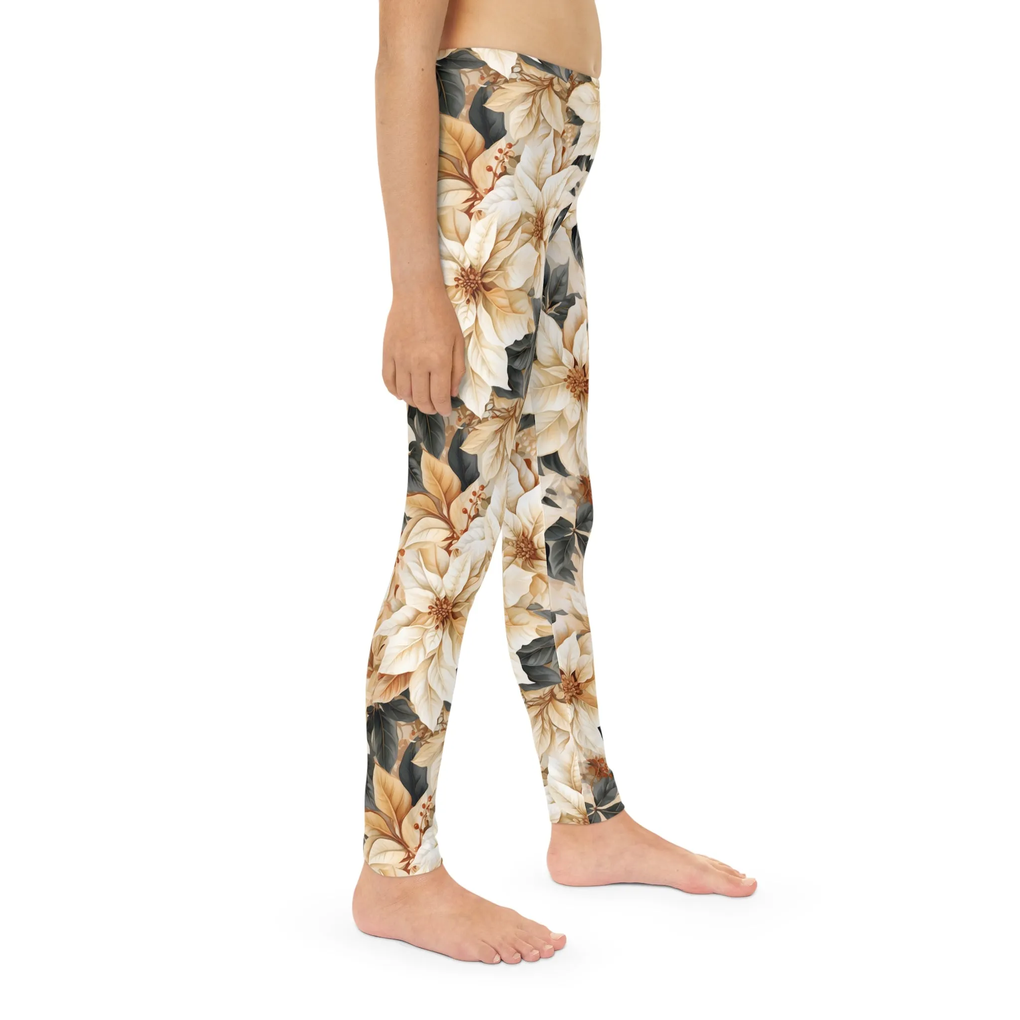 Full-Length Leggings Cream Poinsetta - Kids Leggings