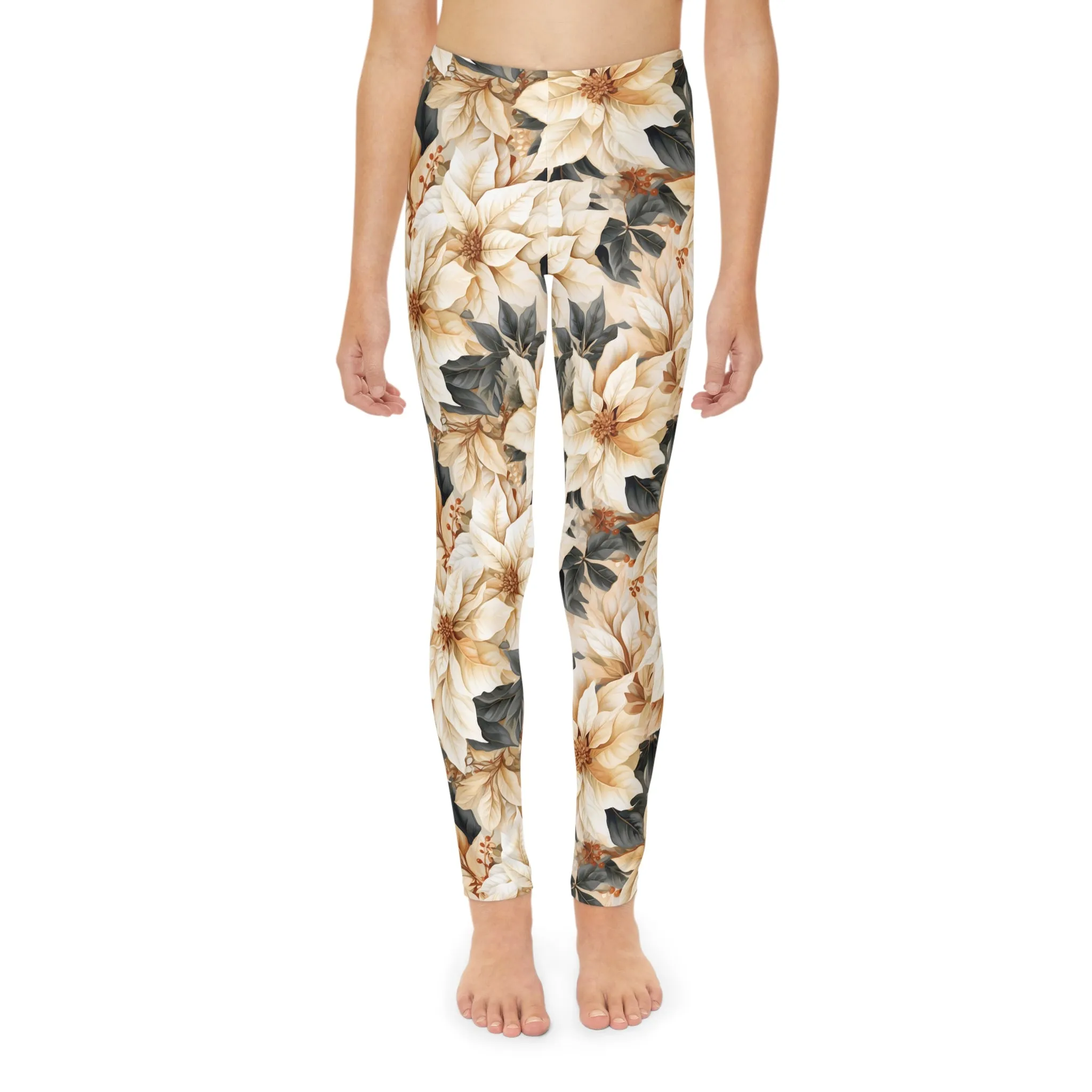 Full-Length Leggings Cream Poinsetta - Kids Leggings