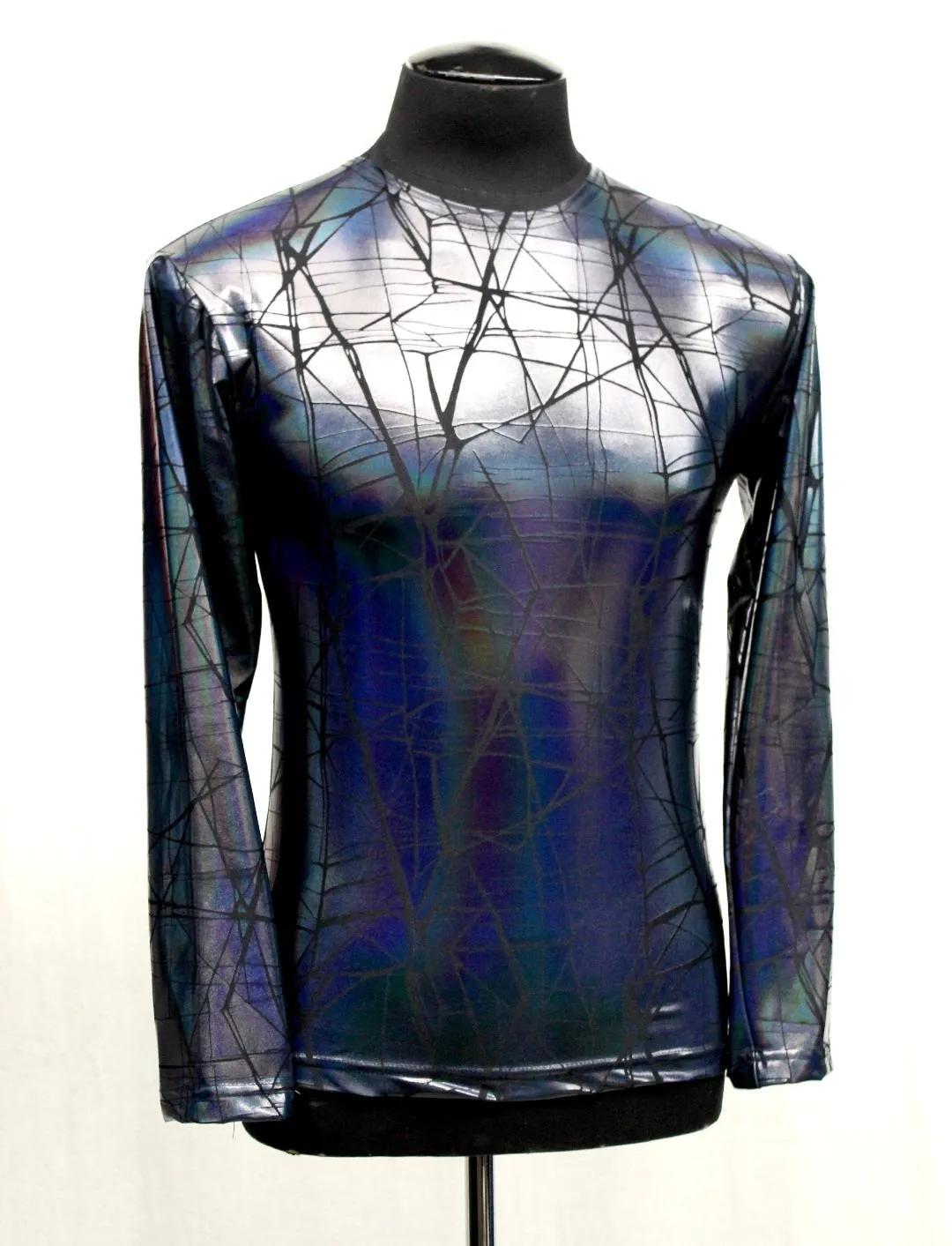 MEN'S LONG SLEEVE TEE - CRACKED HOLOGRAM FABRIC - BLUE/BLACK