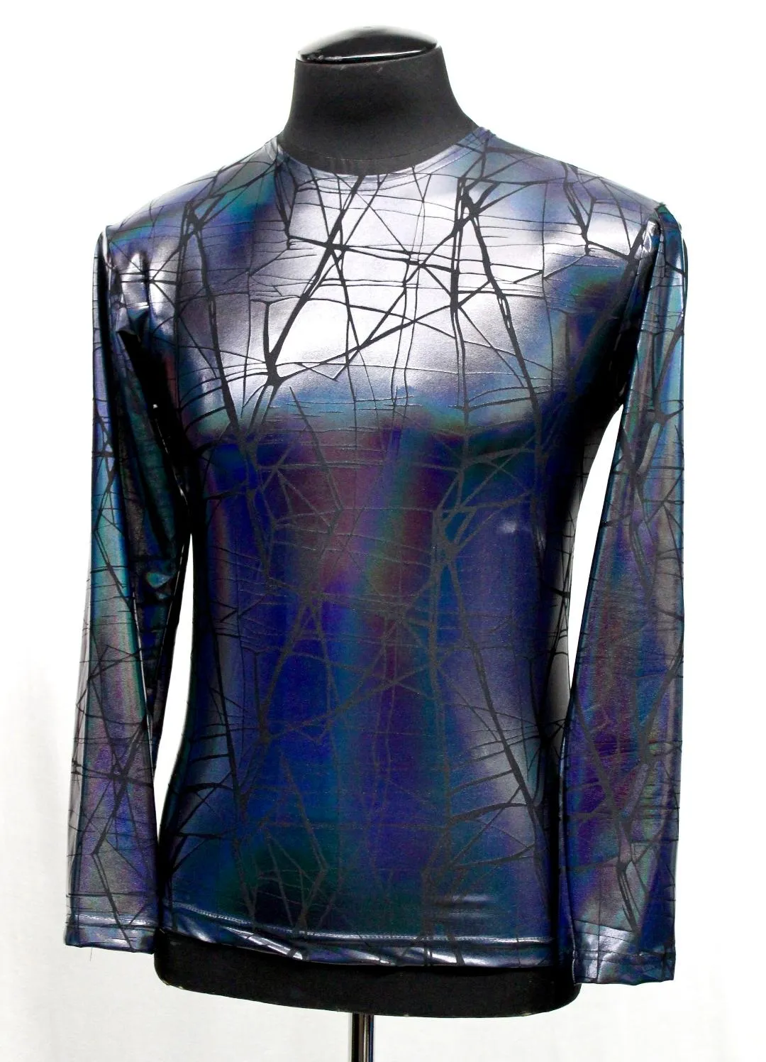 MEN'S LONG SLEEVE TEE - CRACKED HOLOGRAM FABRIC - BLUE/BLACK