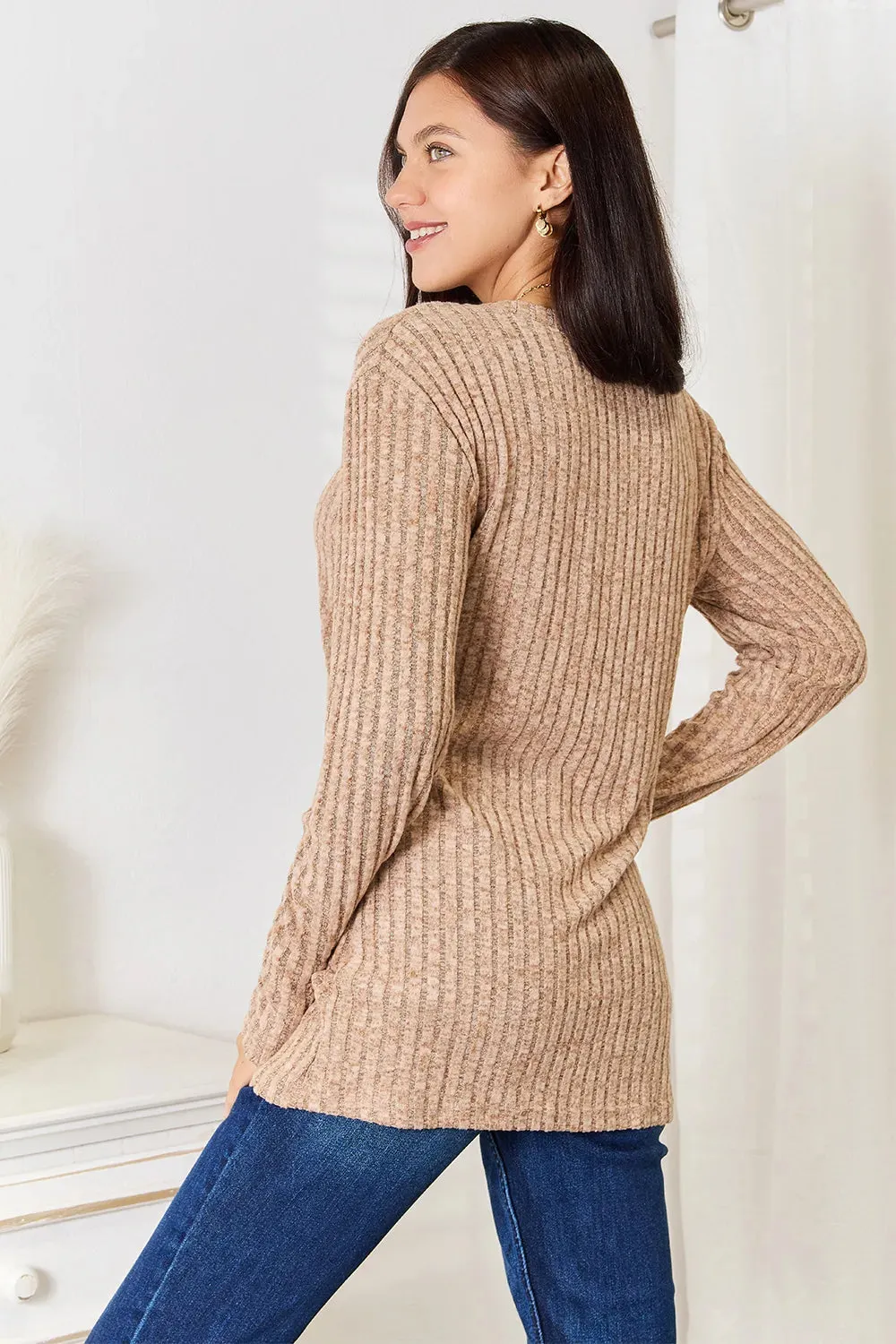 Notched Neck Ribbed Long Sleeve T-Shirt