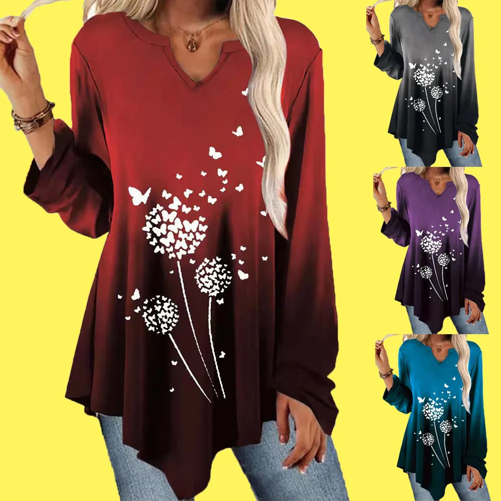 Personalized gradient color print ruffled hem long-sleeved T-shirt