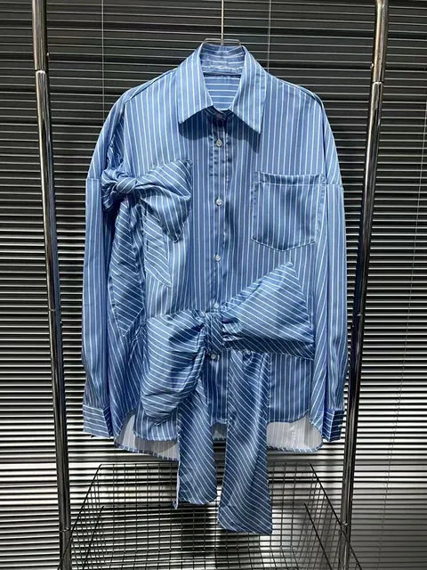 Pre Order:  Striped Patchwork Bowknot Long Sleeve Shirt