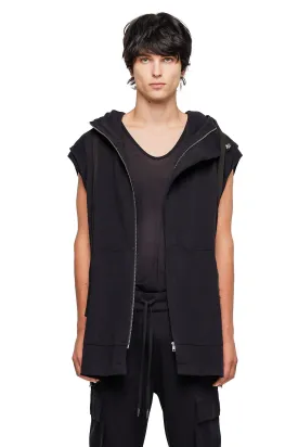 SLEEVELESS LONG HOODIE  IN BLACK