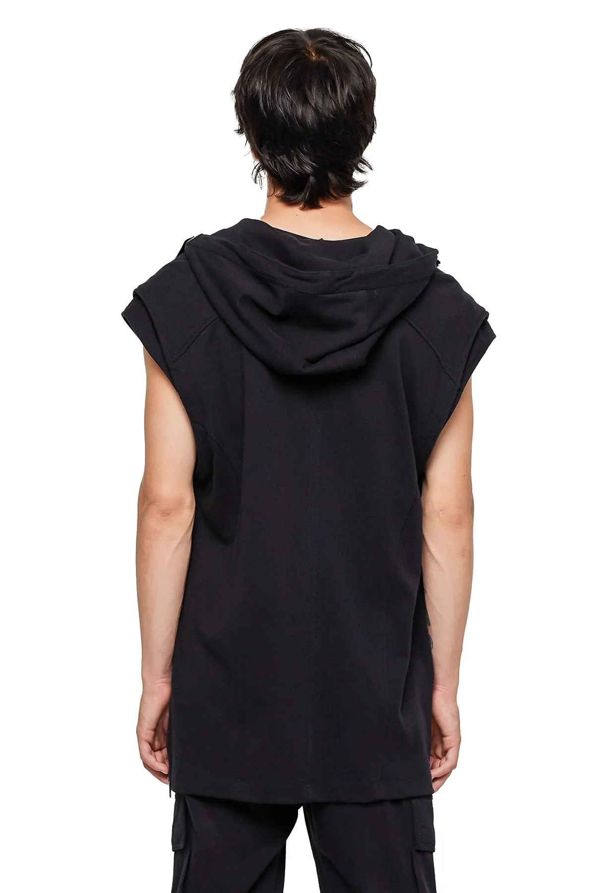 SLEEVELESS LONG HOODIE  IN BLACK