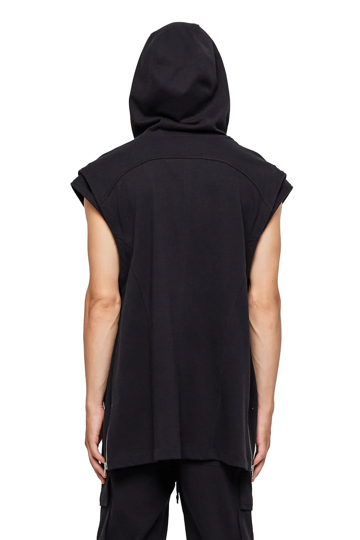 SLEEVELESS LONG HOODIE  IN BLACK