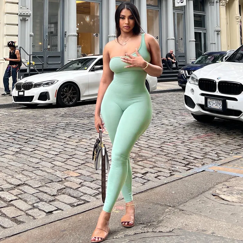 Spring Women Clothing Solid Color One Shoulder Slim Fit Hip Raise Sports Fitness Jumpsuit Women