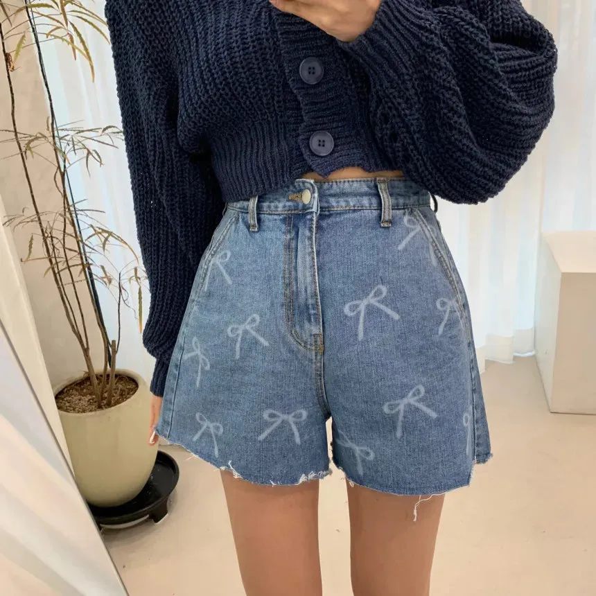 Summer Denim High Waist Printed Burrs Streetwear Mini Blue Color Jeans Short