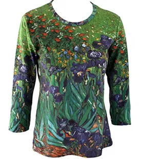 Van Gogh Irises, Scoop Neck 3/4 Sleeve Hand Silk-Screened Art Novelty Top