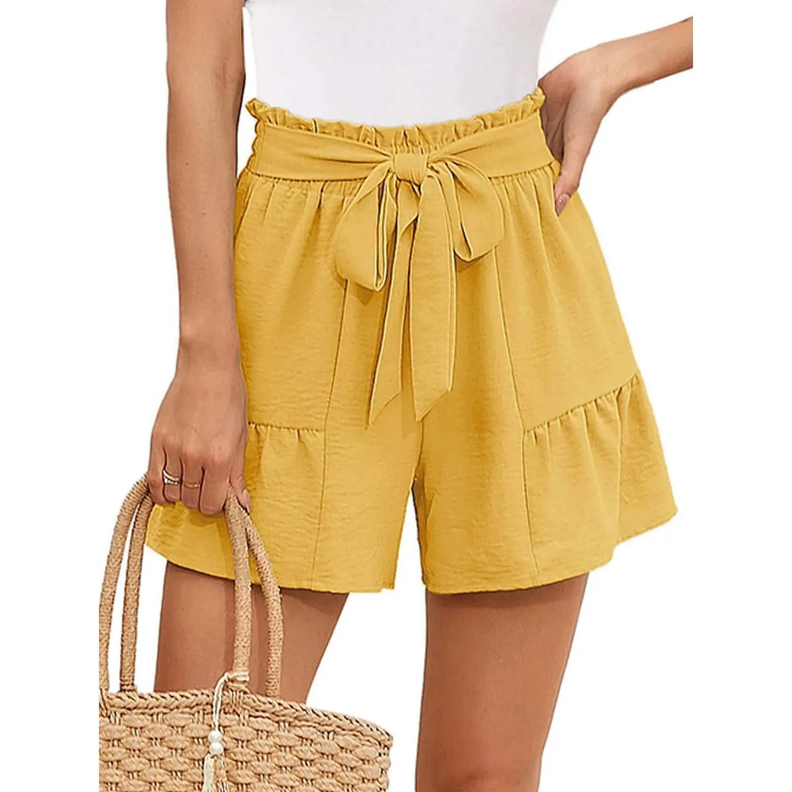 Yellow High Waisted Adjustable Tie Knot Shorts